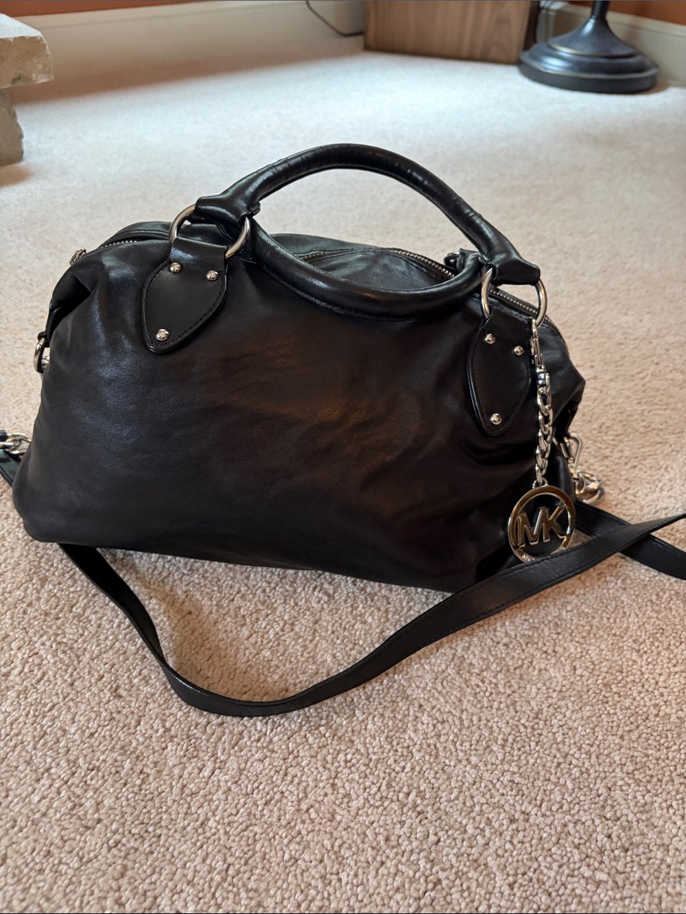 Michael Kors Black Leather Satchel with MK Charm